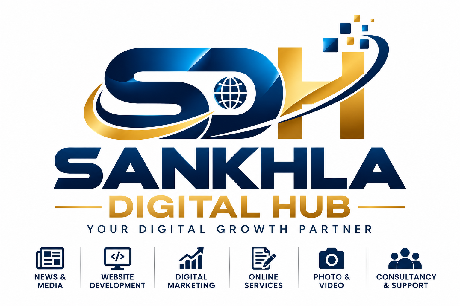 Sankhla Digital Hub navy and gold brand concept